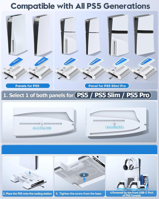 PS5/Slim/Pro Stand and Cooling Station with LED Controller Charging Station