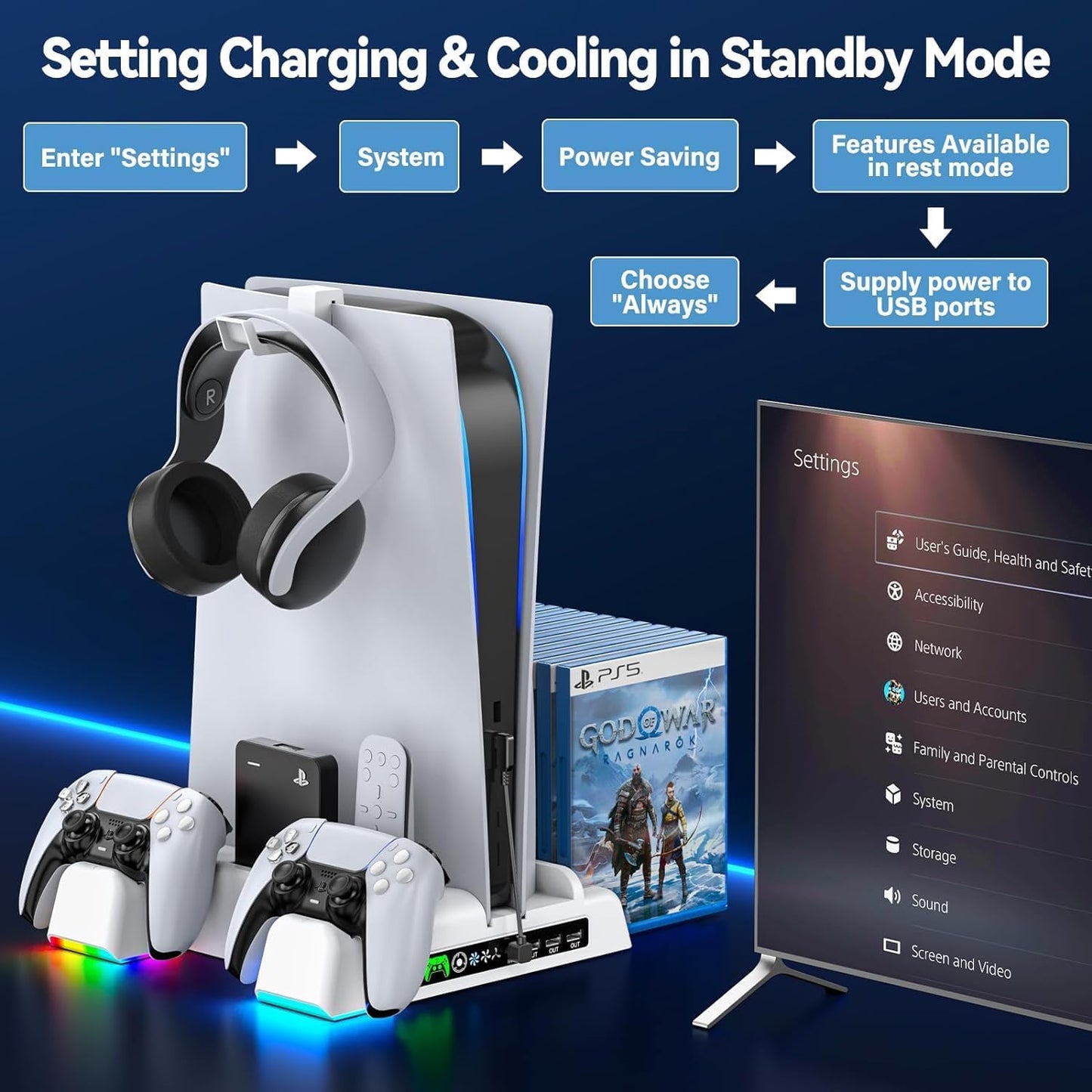 PS5 Cooling Station with AC Adapter, PS5 Stand with 3-Level Cooling Fan