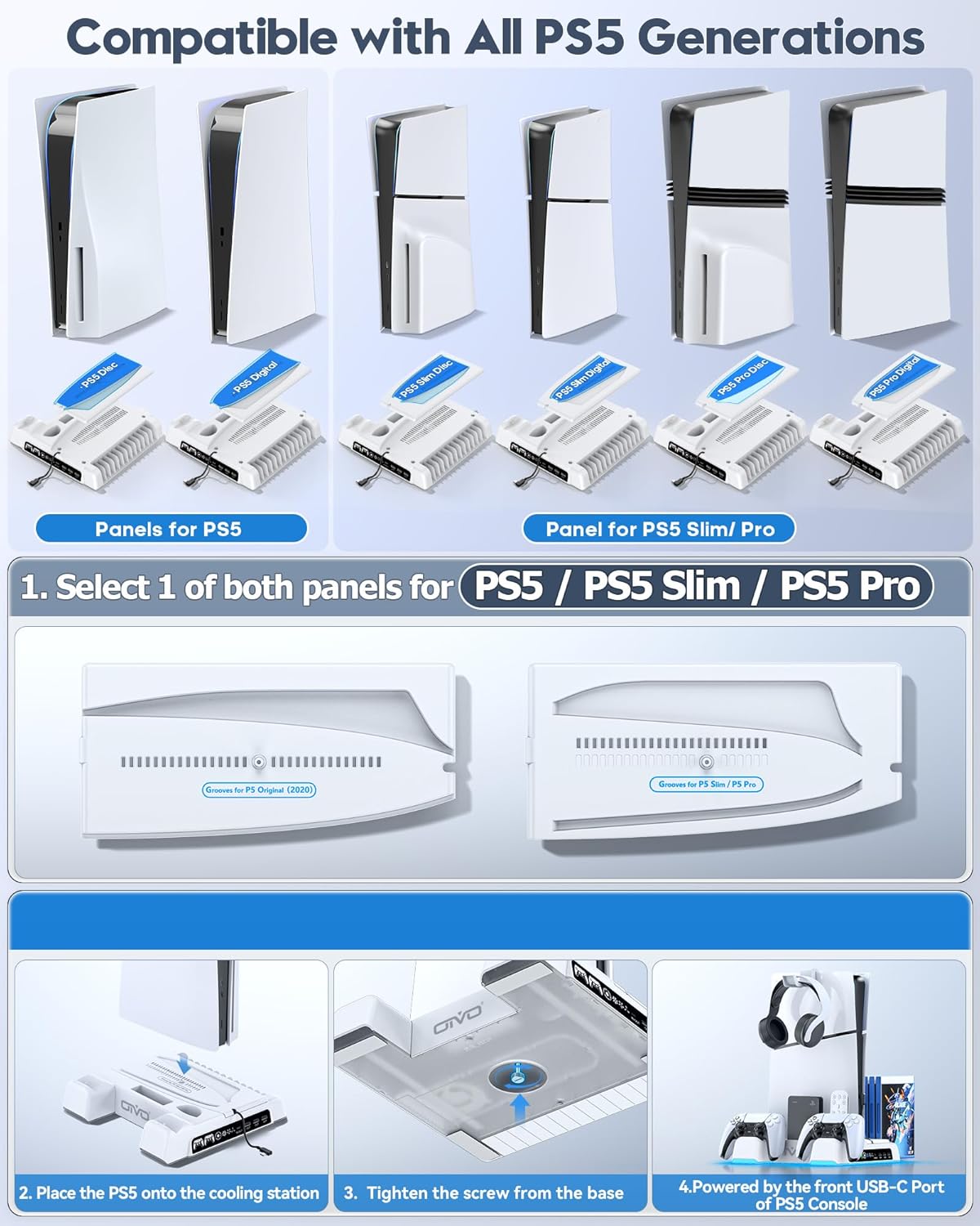 PS5/Slim/Pro Stand and Cooling Station with LED Controller Charging Station