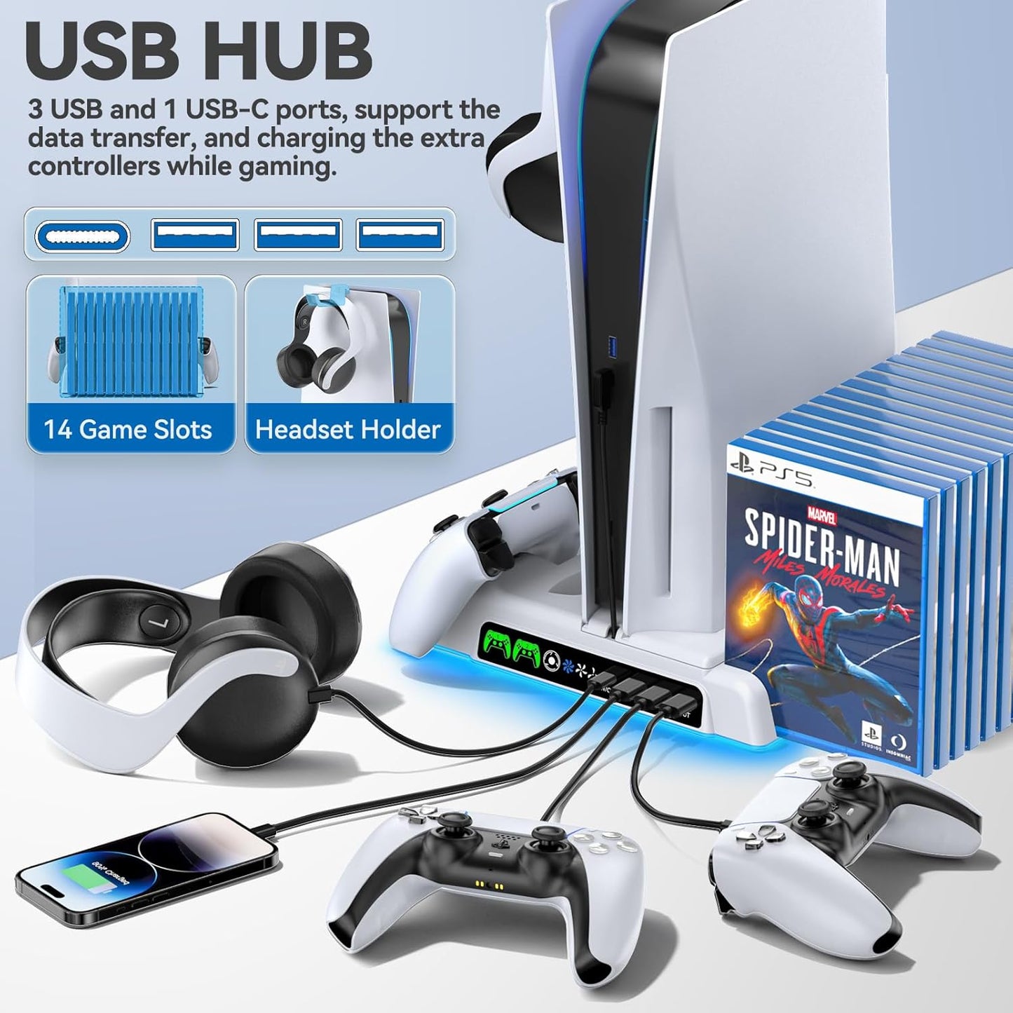 PS5/Slim/Pro Stand and Cooling Station with LED Controller Charging Station