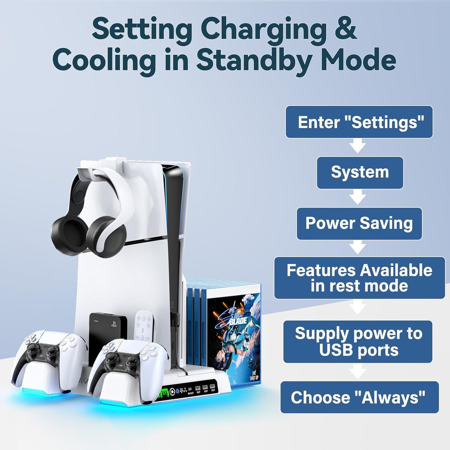 PS5/Slim/Pro Stand and Cooling Station with LED Controller Charging Station