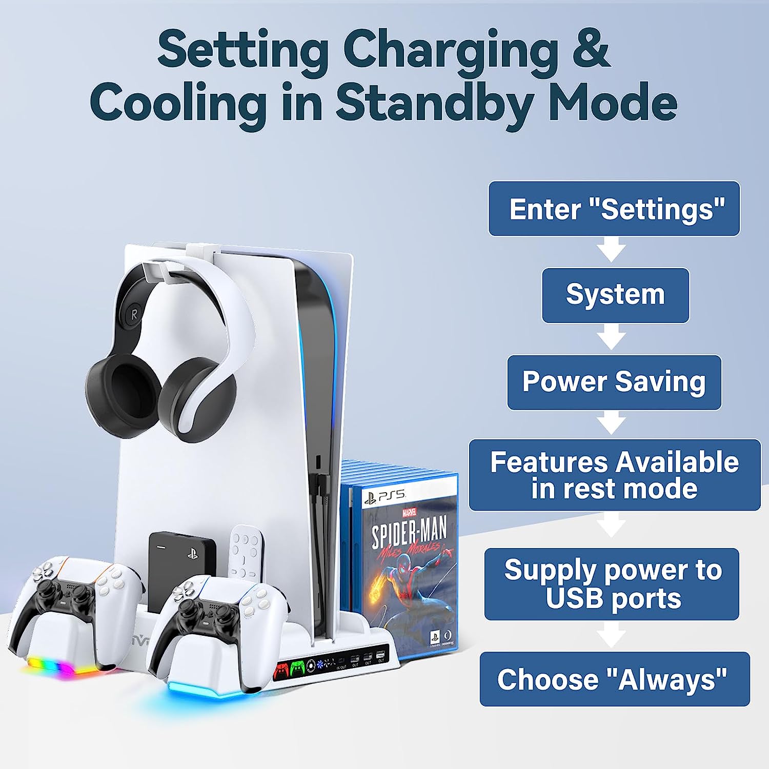 PS5 Horizontal Stand with 3-Level Cooling Fans for Playstation 5 Console,  PS5 Accessories Controller Charging Station for PS5 Edge Controller, PS5