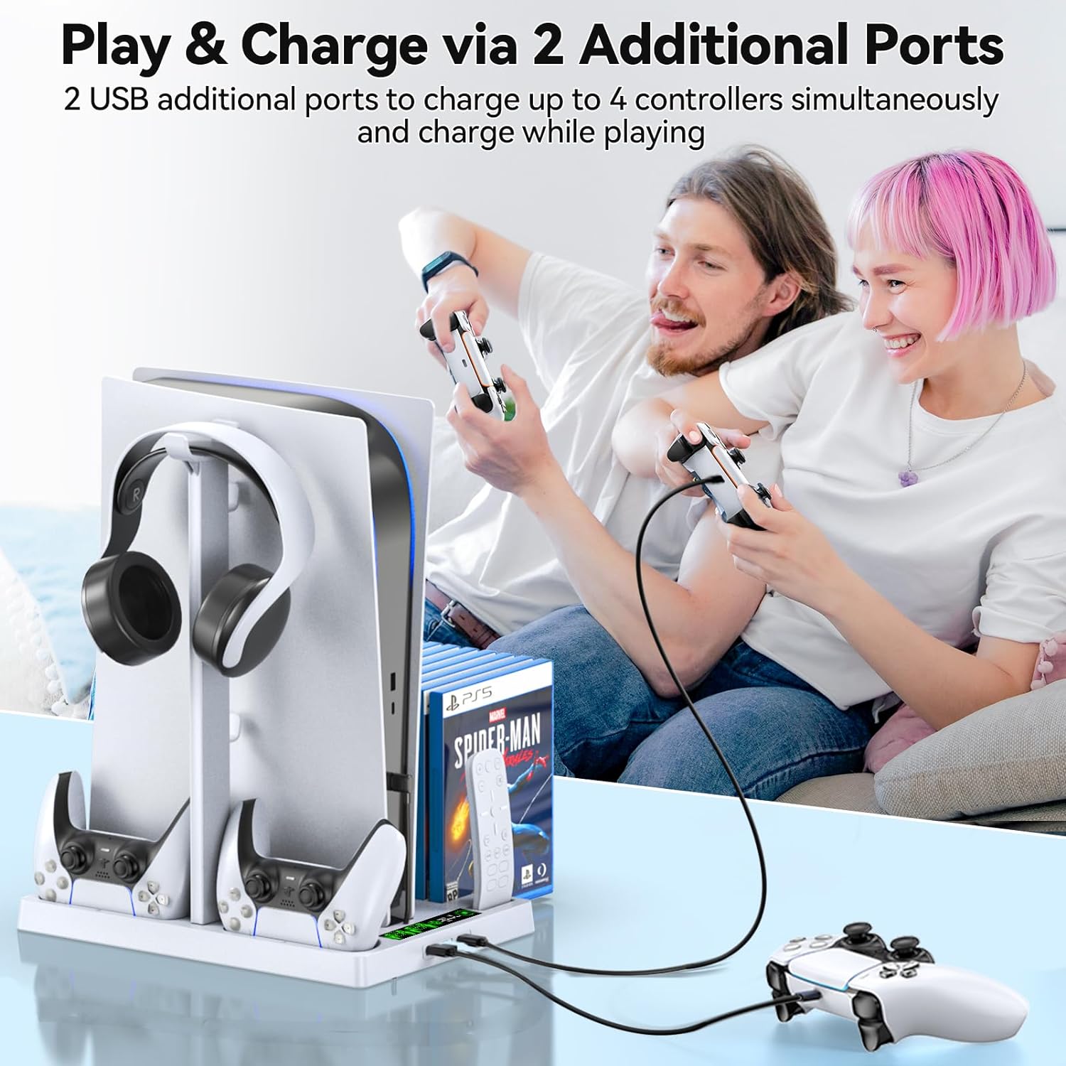 Vertical Stand with Headset Holder and Cooling Fan Base for PS5 Console &  Playstation 5 Accessories, 1 Headphone Stand, 2 Controller Chargers, 15  Game