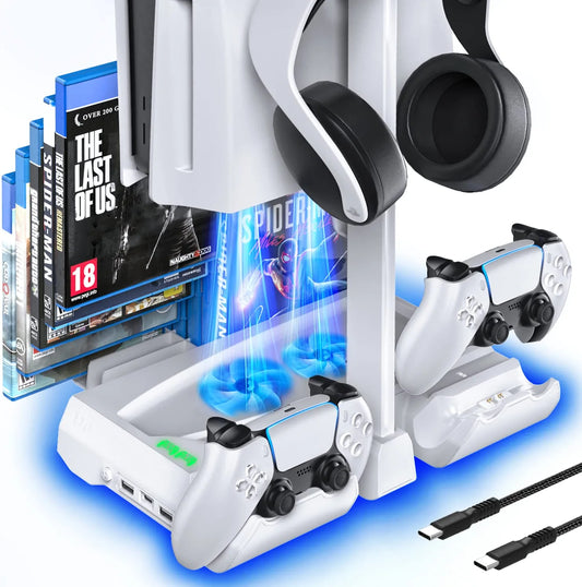 PS5 Stand with Cooling Fan and PS5 Controller Charging Station