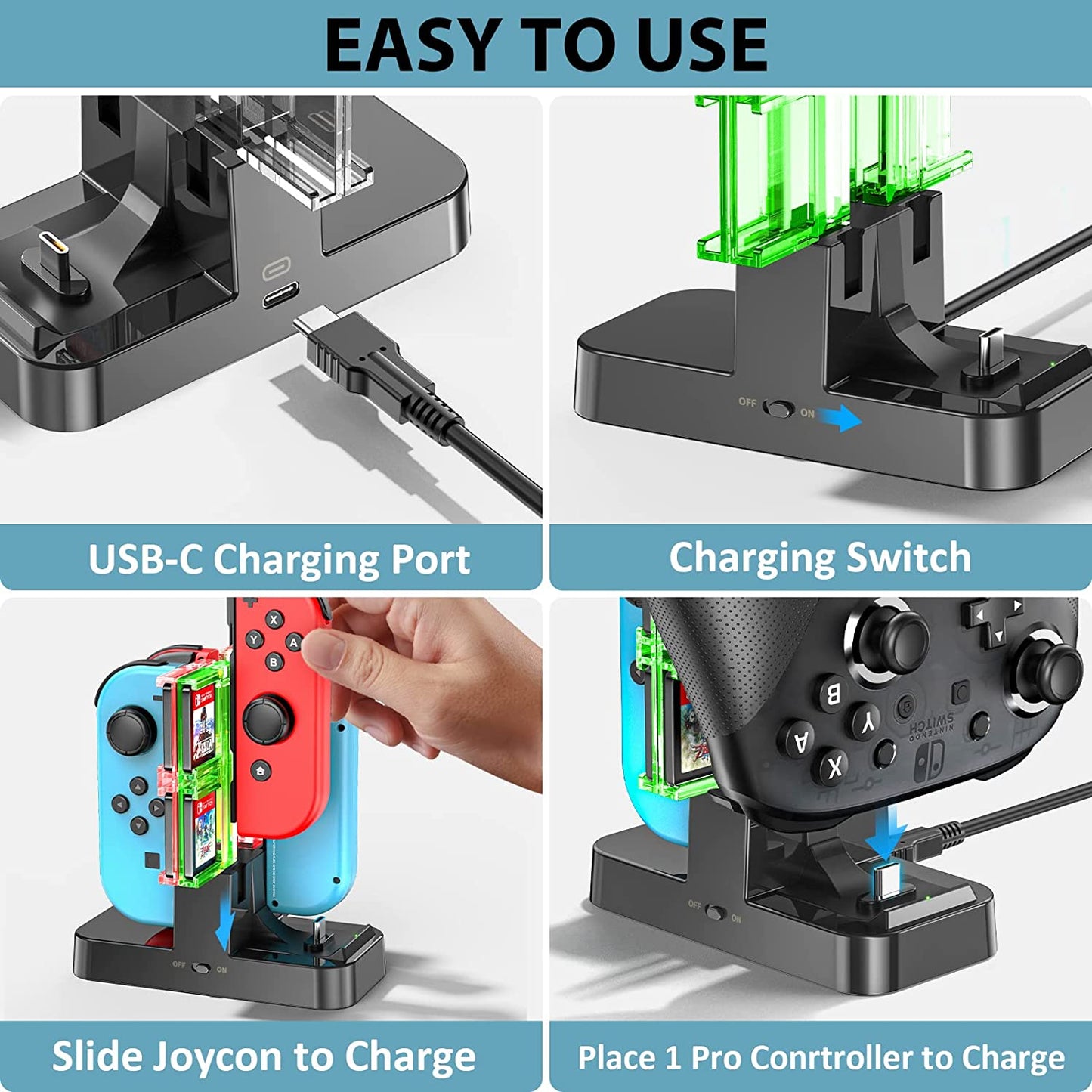 Switch Controller Charger for Nintendo Switch Joycons & Pro Controller